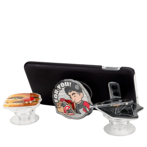 Customisable Fidget Spinner Phone Stand in Clear branded with your logo in a full colour design