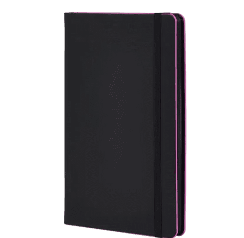 Logo branded Black Laser Notebooks in Black/Fuchsia with a design from Total Merchadnise