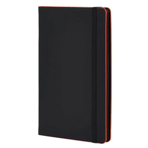 Promotional Black Laser Notebooks in Black/Neon Orange with a design from Total Merchandise