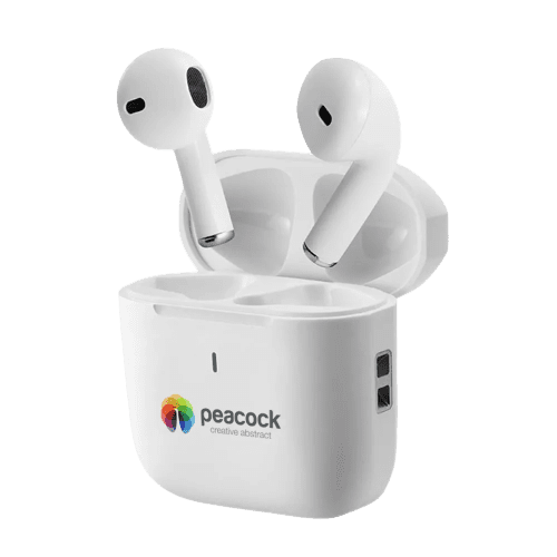 Loog Branded Bluetooth Wireless Earbuds in White with a design from Total Merchandise