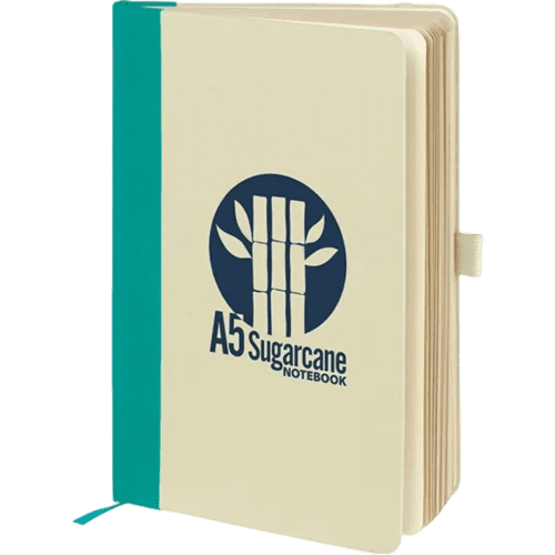Custom Branded Maxton Eco Sugarcane A5 Notebooks in Natural/Teal printed with your company logo