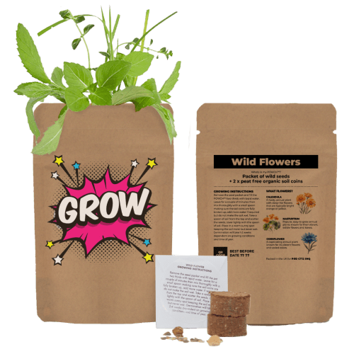 Customisable Grow Your Own Wildflower Pouch in Kraft printed with your logo from Total Merchandise