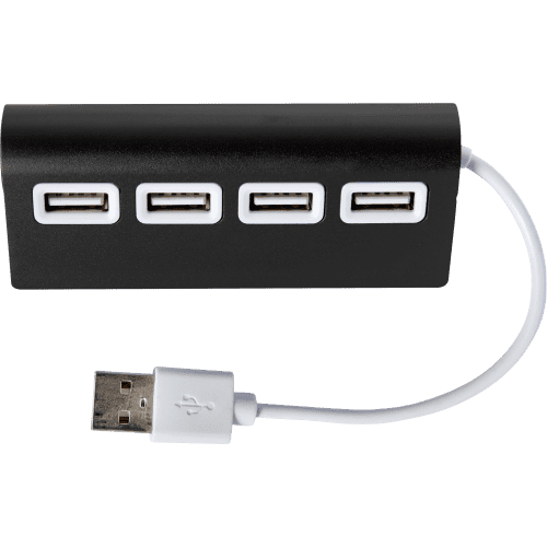 Personalisable Aluminium USB Hub in Black branded with your company logo from Total Merchandise