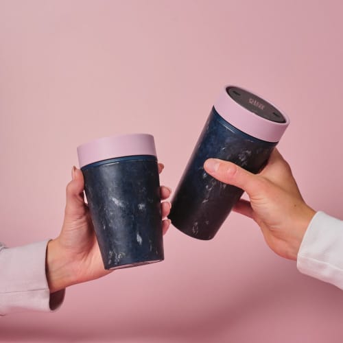 Logo Printed 12oz Circular & Co. Reusable Coffee Cup Made From Recycled Fabric in Dusk Pink