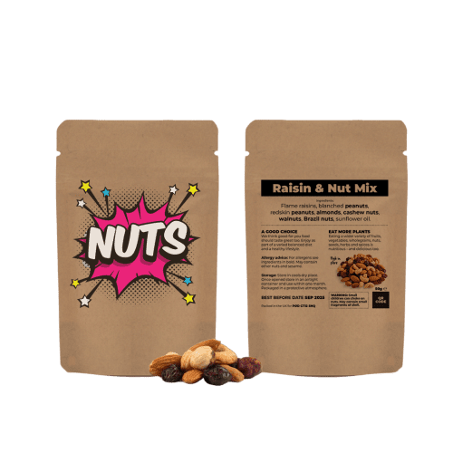 Branded Fruit & Nut Mix Pouch in Kraft with a full colour design from Total Merchandise