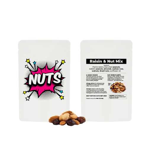 Promotional Fruit & Nut Pouch in White with a design from Total Merchandise