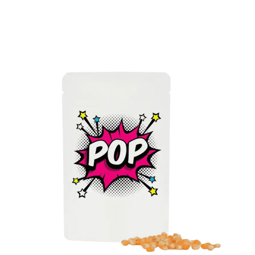 Logo branded Organic Popcorn Kernels Pouch in White with a design from Total Merchandise
