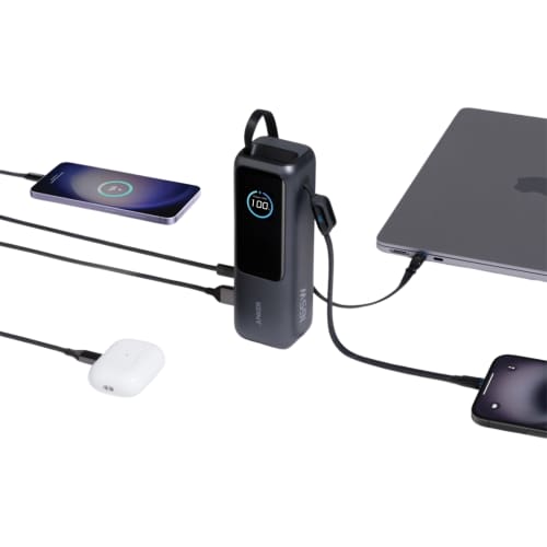 Lifestyle image of the Anker Power Bank 25,000 mAh with Retractable Cable from Total Merchandise