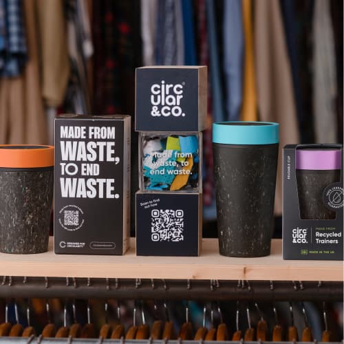 Lifestyle image of the Circular & Co. Reusable Coffee Cup Made From Recycled Trainers from Total Merchandise