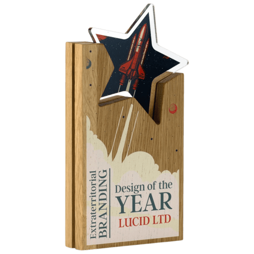 Oak with Acrylic Hovering Star Award in Oak/Clear branded with your logo from Total Merchandise