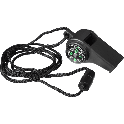 Customised Whistle with Compass & Thermometer in Black branded with your logo from Total Merchandise