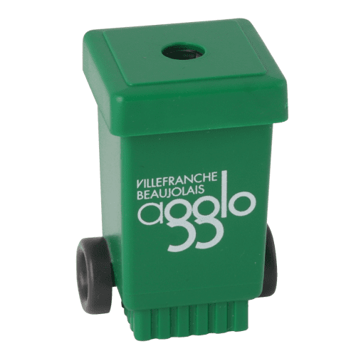 Logo branded Recycled Wheelie Bin Pencil Sharpener in Green with a design from Total Merchandise