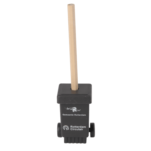 The Recycled Wheelie Bin Pencil Sharpener in use with a design from Total Merchandise