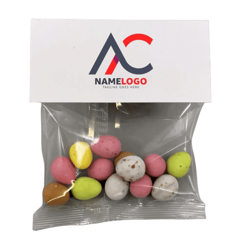 Customised Chocolate Mini Eggs Header Snack Bag in White branded with your company logo