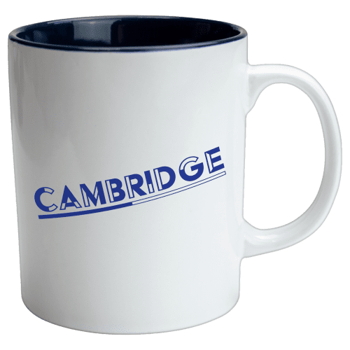 Customisable Cambridge Two Tone Mug in White/Blue printed with your logo from Total Merchandise