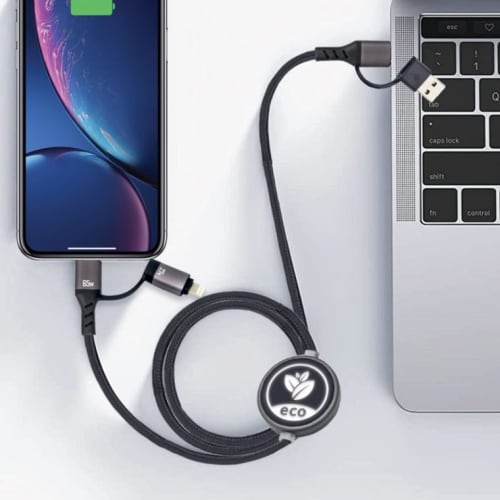 Lifestyle image of the Eco 1.2M Light Speed Charging Cable with a design from Total Merchandise