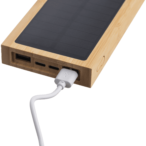 Custom Branded Bamboo Solar Power Bank in Brown branded with your logo from Total Merchandise
