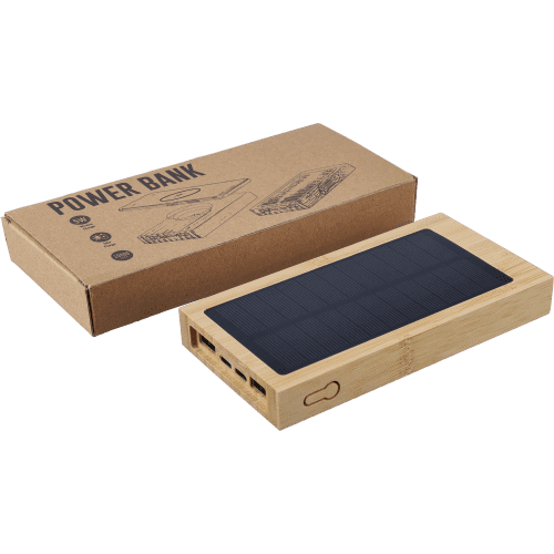 Custom Printed Bamboo Solar Power Bank in Brown branded with your logo from Total Merchandise