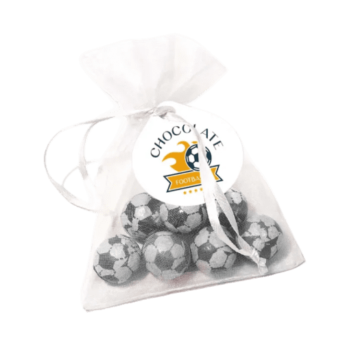 Promotional Chocolate Football Organza Bags in White branded with your logo from Total Merchandise