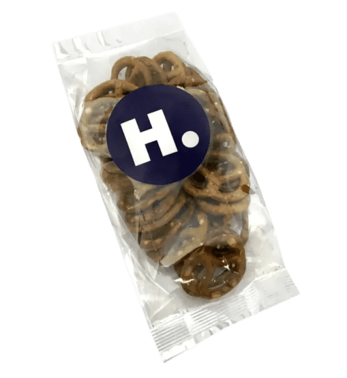 Customisable 25g Hand Packed Bag of Pretzels in White printed with your logo from Total Merchandise