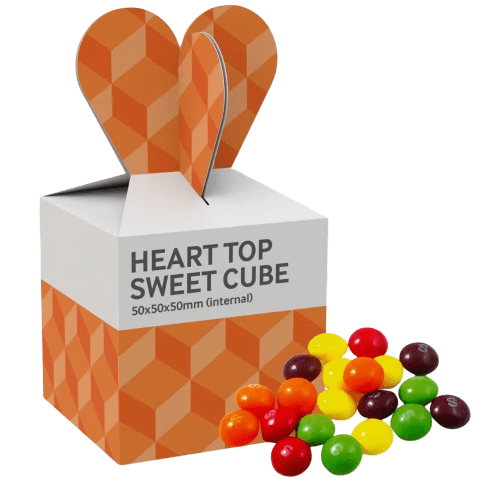 Custom Printed Skittles Heart Top Cube Box in White branded with your logo from Total Merchandise