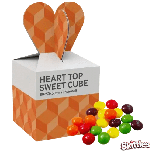 Custom Printed Skittles Heart Top Cube Box in White branded with your logo from Total Merchandise