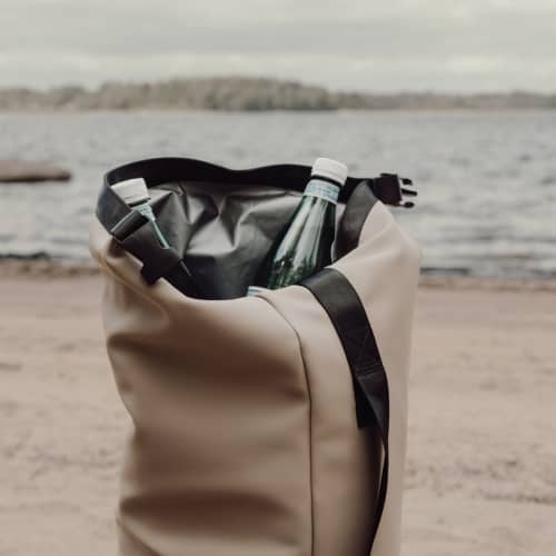 VINGA Baltimore Roll-Top Cooler Bags in Greige branded with your logo from Total Merchandise