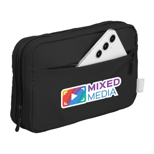 Promotional Recycled Nylon Tech Pouch in Black with a design from Total Merchandise