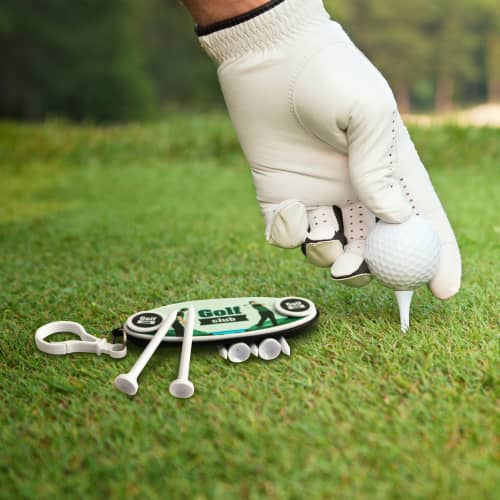 Lifestyle image of the Golf Tee Set in Black/White printd with your logo from Total Merchandise