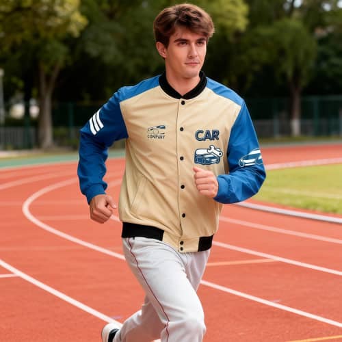 Lifestyle image of the Unisex Polyester Scuba Sublimated Varsity Jacket from Total Merchandise