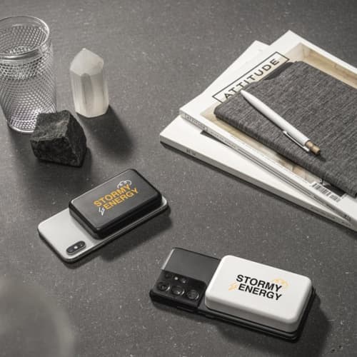 Customised 5000mAh Wireless Magnetic Power Bank in Black and White printed with your company logo