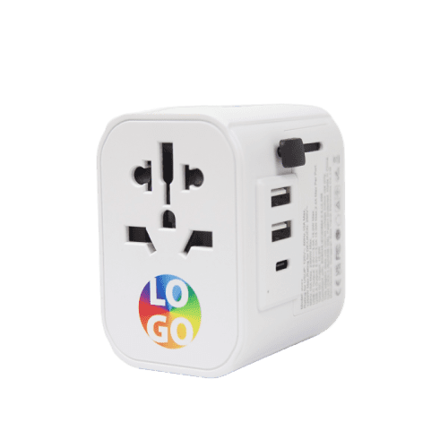 Promotional Travel Adaptor in White with a design from Total Merchandise