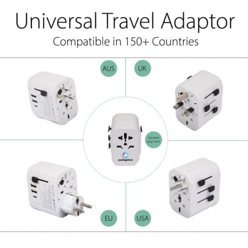 Branded Travel Adaptor in White with a design from Total Merchandise