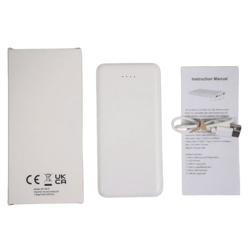Packaging and cable from the Eco Pro 10,000mAh Powerbank in White from Total Merchandise