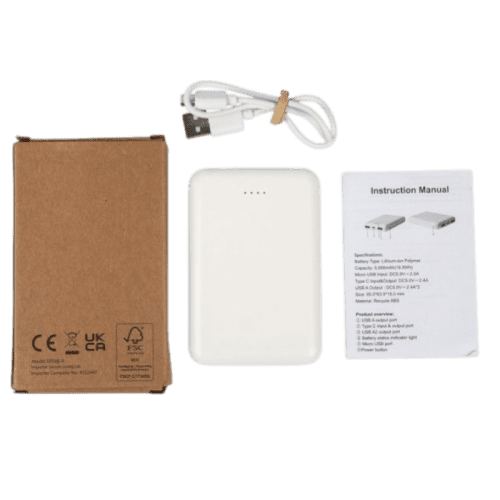 Logo branded Eco Mini 5000mAh Powerbank in White with a design from Total Merchandise