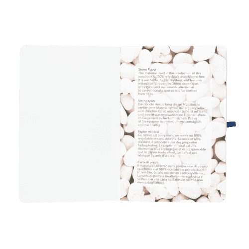 The inside page of a custom printed Stone Paper Soft Touch Lined Journal by Total Merchandise.