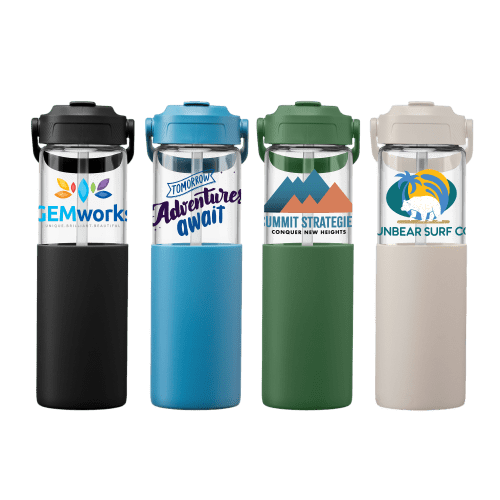Selection of logo branded Glass Silicone Sleeve Straw Bottle with available colours.