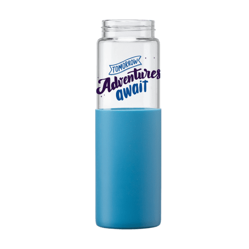 Logo printed Glass Silicone Sleeve Straw Bottle without the lid on.