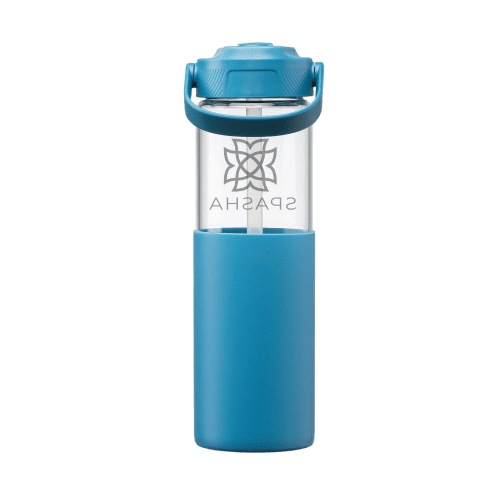 Glass Silicone Sleeve Straw Bottle customised with lid n and handle down.