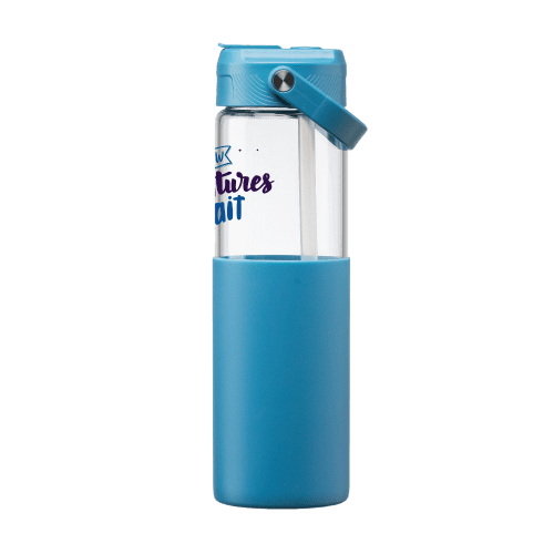 The side view of custom printed Glass Silicone Sleeve Straw Bottle.