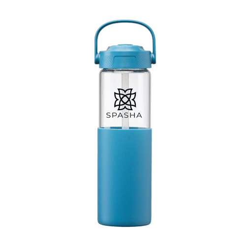 Personalised Glass Silicone Sleeve Straw Bottle with the handle positioned upwards.