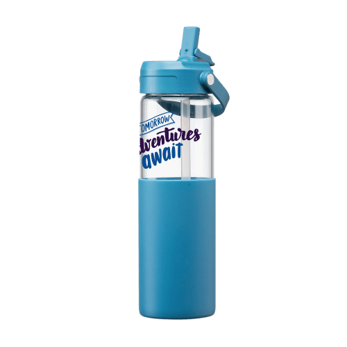 Custom branded Glass Silicone Sleeve Straw Bottle with the handle down but with straw up.