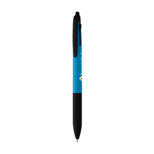 View of the clip on the personalised Recycled Plastic 3-in-1 Neon Grip Multi-Ink Pen