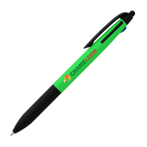 Side view with view of logo printed on Recycled Plastic 3-in-1 Neon Grip Multi-Ink Pen