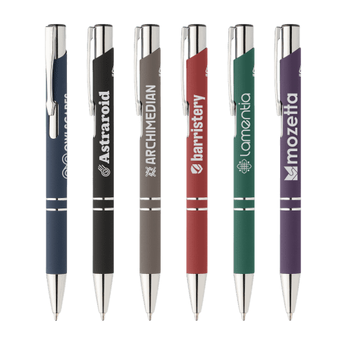 Group of custom engraved Crosby Recycled Metal Soft Touch Ballpen