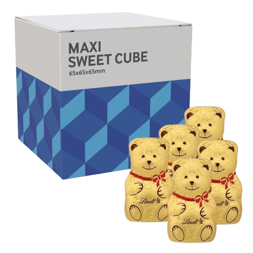Custom Branded Lindt Teddy Bear Cubes in White printed with your company logo from Total Merchandise
