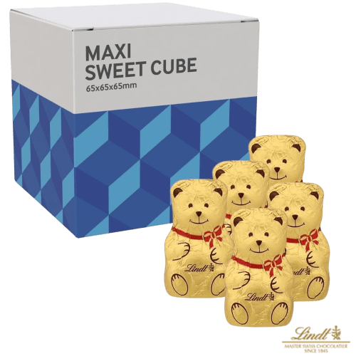 Custom Branded Lindt Teddy Bear Cubes in White printed with your company logo from Total Merchandise