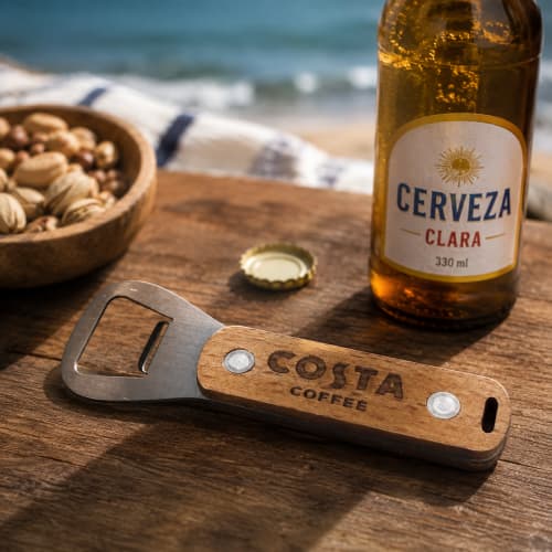 Lifestyle image of the Promotionally engraved Beachwood Bottle Opener by Total Merchandise