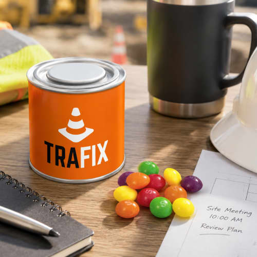 Lifestyle image of the Small Paint Tin - Skittles with full colour print on the wrap