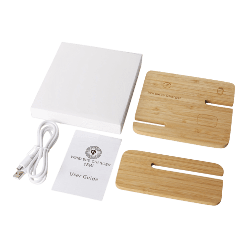 What's included with the Bamboo Wireless Charging Station by Total Merchandise